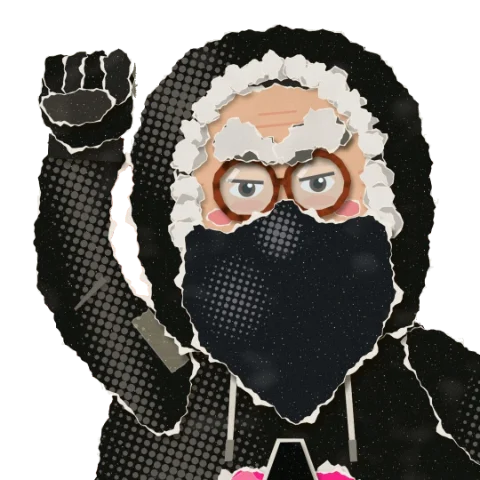 Mamie Commune, capuche noire, foulard sur le visage et poing levé